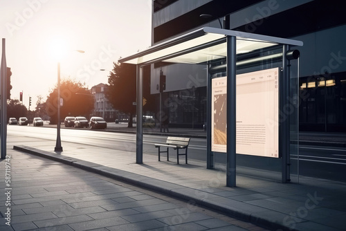 Mockup of blank advertising light box on the bus stop. Generative ai.
