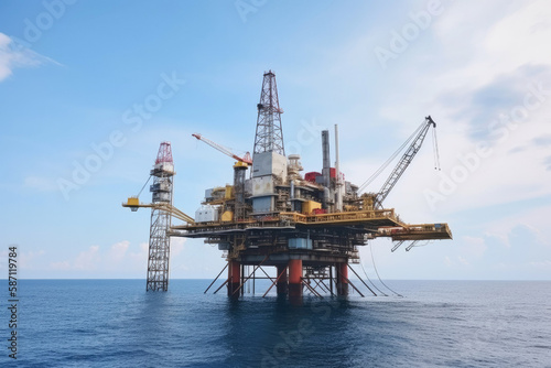 Offshore oil and gas drilling rig while completion well on oil and gas wellhead remote platform to running pipe line to oil and gas reservoir, Oil and gas production and exploration. Generative ai.