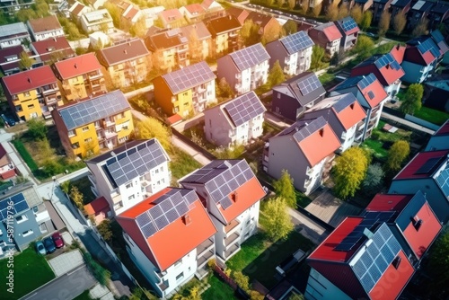 drone view of residential houses with photovoltaic solar panels. Alternative and Renewable energy concept, top down view, high contrast and saturation. Generative ai. © VisualProduction