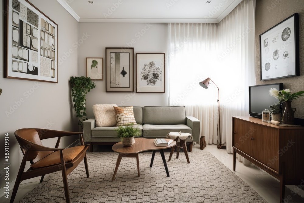 Fototapeta premium Living Room: As you enter the living room, you notice a cozy sofa with an interesting pattern. You can feel the softness of the cushion as you sit down. Generative ai.