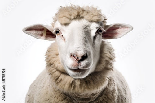close up of a fluffy sheep with a pure white background. Generative AI © AkuAku