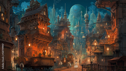 夜のファンタジー風の都市背景 Victorian steampunk metropolis at night Generative AI 画像生成AI