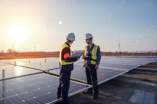 View on the rooftop solar power plant with two engineers walking and examining photovoltaic panels. Concept of alternative energy and its service. Generative ai.