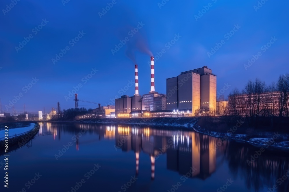 thermo power plant, blue hour shot, few clouds and vibrant sky. Generative ai.