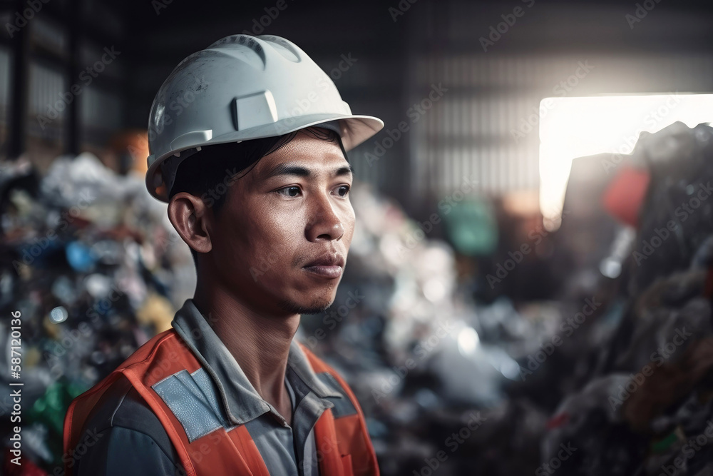 Recycling industry a worker who recycling thing on recycle center, standing and checking garbage. Generative ai. Recycling industry a worker who recycling thing on recycle center, standing and checking garbage. Generative ai.