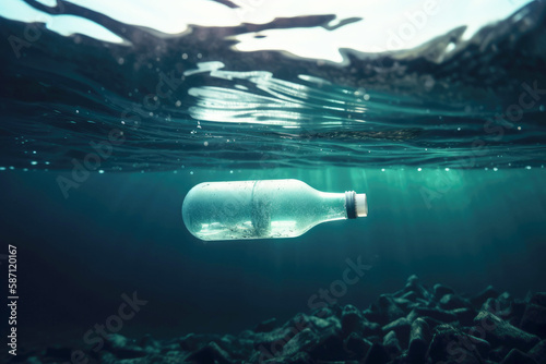 Plastic water bottles pollution in ocean (Environment concept). Generative ai.