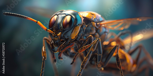amazing macro photography of a cyborg bee in the nature, futuristic, robot implants
