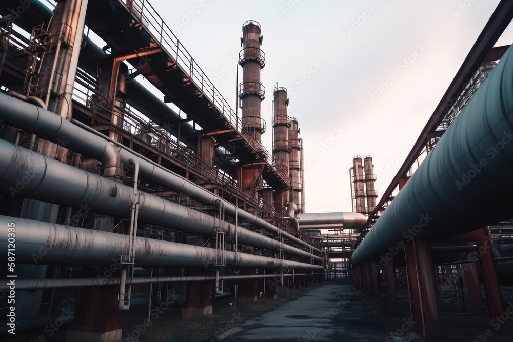 Industry pipeline transport petrochemical, gas and oil processing, furnace factory line, rack of heat chemical manufacturing, equipment steel pipes plant. Generative ai.