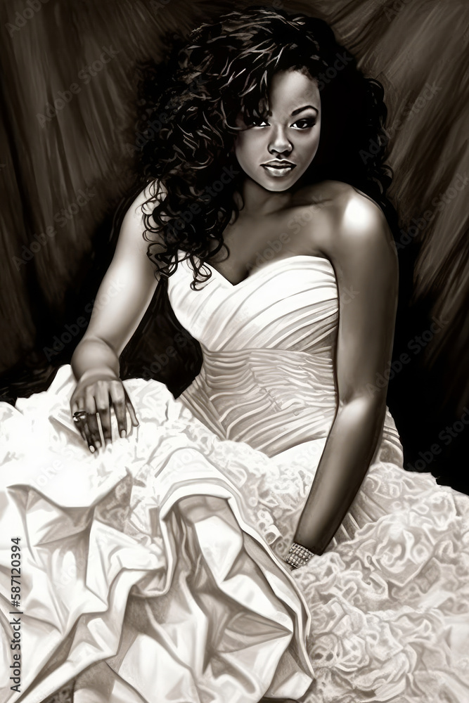 A bridal concept sketch with a beautiful African American bride. Generative AI. A bridal concept sketch with a beautiful African American bride. Generative AI.