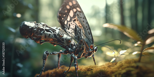 amazing macro photography of a cyborg butterfly in the nature, futuristic, robot implants photo