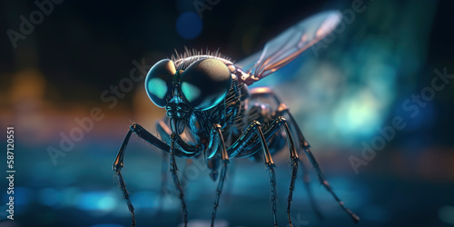 amazing macro photography of a cyborg fly in the nature, futuristic, robot implants © Fernando