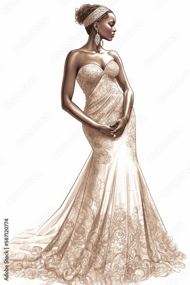 A bridal concept sketch with a beautiful African American bride. Generative AI. A bridal concept sketch with a beautiful African American bride. Generative AI.