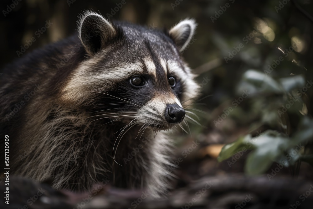 A racoon portrait in a natural setting. Generative AI