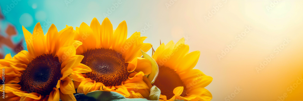 Obraz premium sunny day, sunflowers in meadow, background, horizontal layout banner with copy space, generative ai