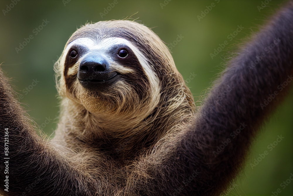 Naklejka premium happy sloth hangs on a branch in South America forest, generative AI