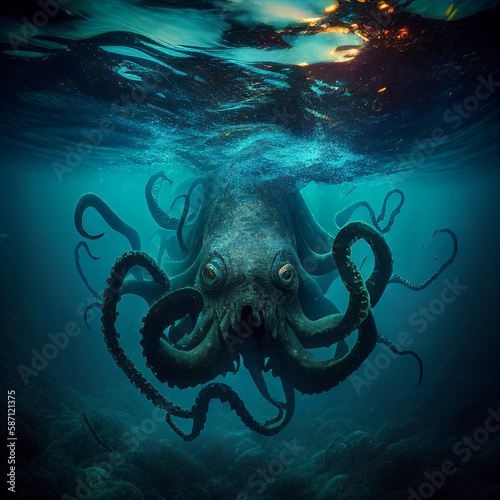 octopus in deep blue ocean depths, generative AI