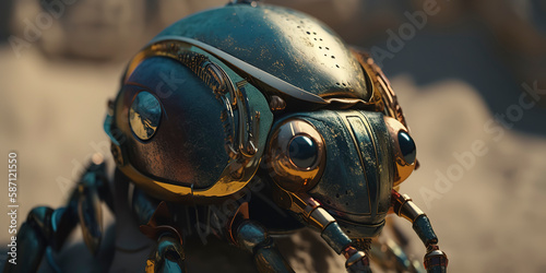 amazing macro photography of a cyborg scarab in the nature, futuristic, robot implants photo