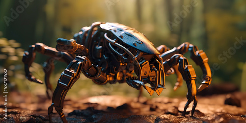 amazing macro photography of a cyborg scorpion in the nature, futuristic, robot implants