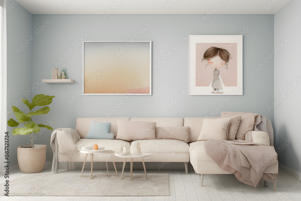 Fototapeta premium living room interior, watercolor, pastel color - Generative AI