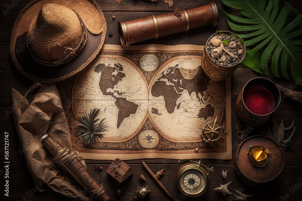 Background with a pirate treasure map, hat, brown wooden table, and other series.Generative AI