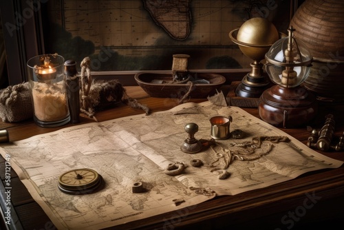 Background with a pirate treasure map, brown wooden table, and other series.Generative AI