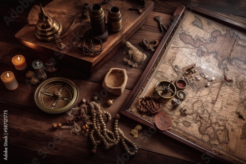 Background with a pirate treasure map, brown wooden table, and other series.Generative AI