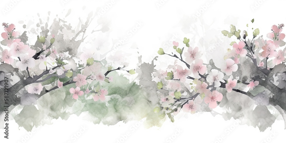 Fototapeta premium Watercolor cherry blossom floral background Generative Art