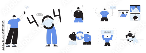 Flat vector illustrations for web sites, page not responding, 404, support center, search, man with magnifying glass, welcome, character working on laptop on vacation, online conference, no connection