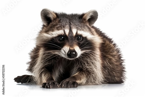 curious raccoon sitting on the ground and staring at the viewer. Generative AI