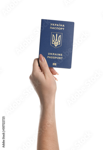 Woman with Ukrainian passport on white background