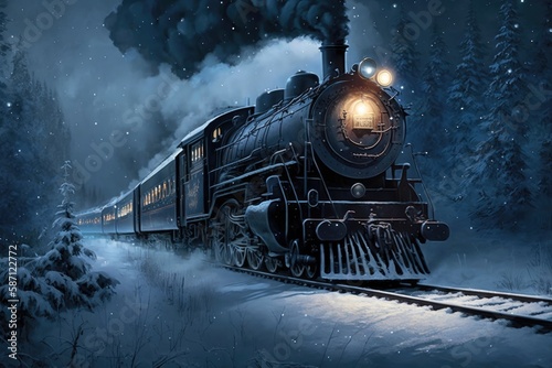 Illustration of an old steam train driving across the winter landscape. Fantasy train concept. Generative AI