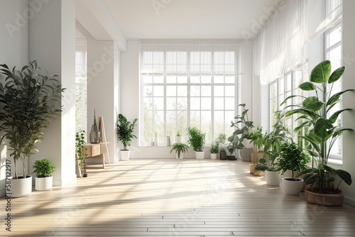White room that has plants in it and a wooden floor. Generative AI
