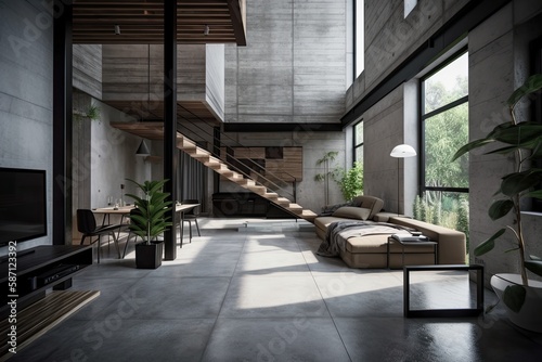 Attempt at Interior Design for a Concrete House. Generative AI © AkuAku