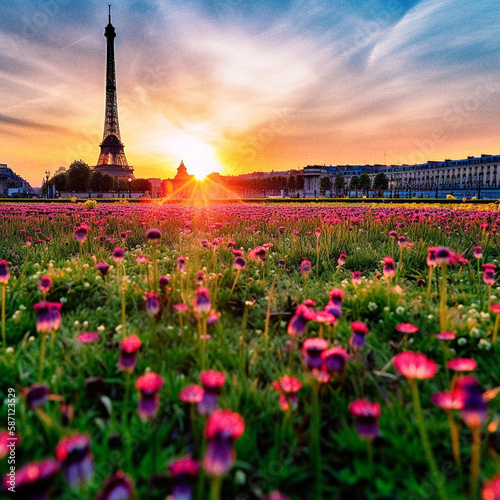 Stunning flower field in front of Eiffel Tower at sunset - generative ai