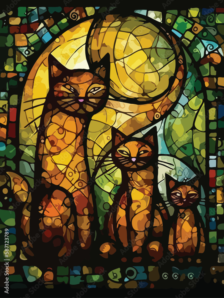 Cute cat family vector illustration. Stained glass style.