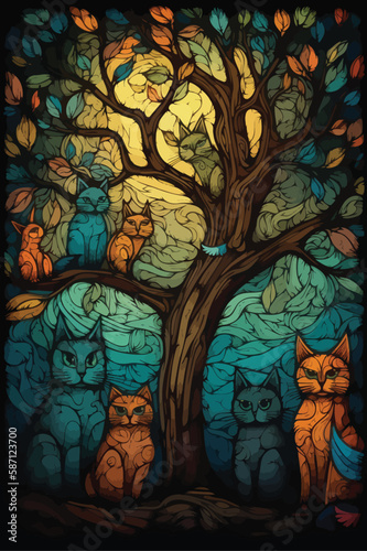Cute cat family vector illustration. Stained glass style.