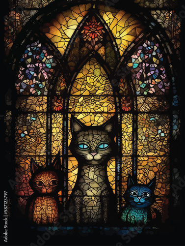 Cute cat family vector illustration. Stained glass style.