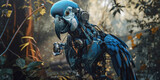 amazing photography of a cyborg blue macaw in the jungle, jungle, futuristic, robot implants