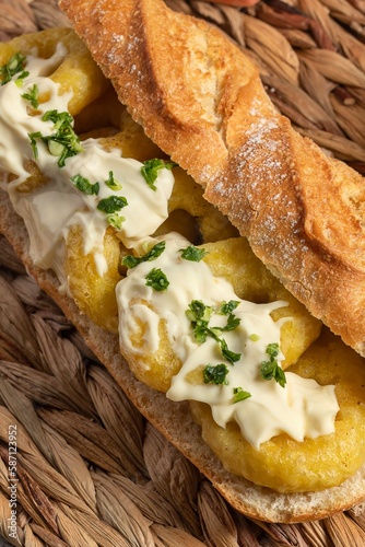 Typical Spanish calamari sandwich with mayonnaise and minced garlic and parsley. Concept of tapas, fun and gastronomy.