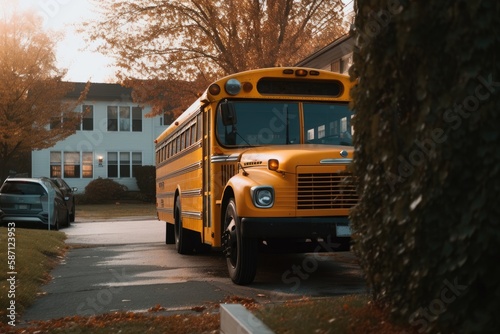 Yellow school bus parked in a street. No people. Generative AI