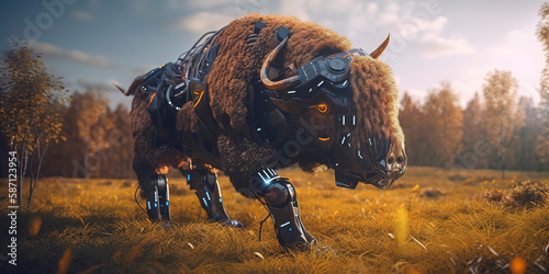amazing photography of a cyborg bison in the nature, futuristic, robot implants