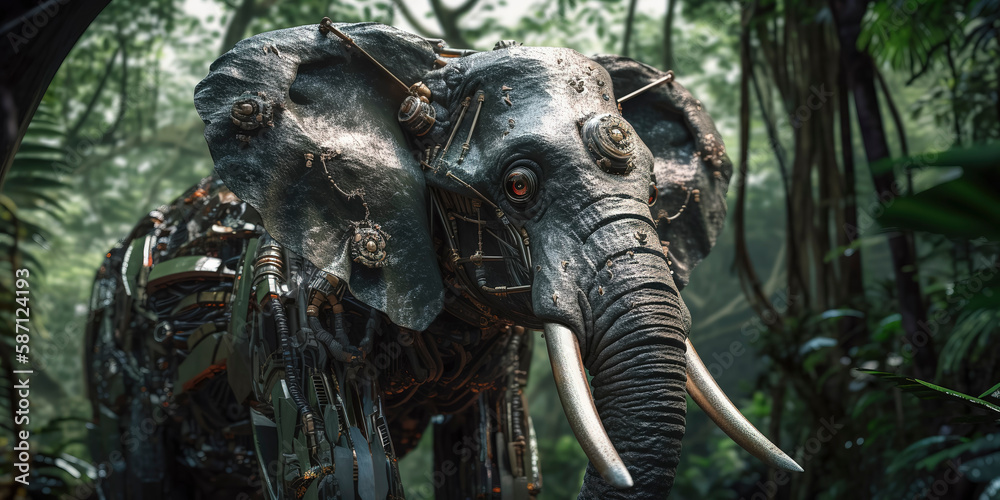 amazing photography of a cyborg elephant in the jungle, jungle, futuristic, robot implants