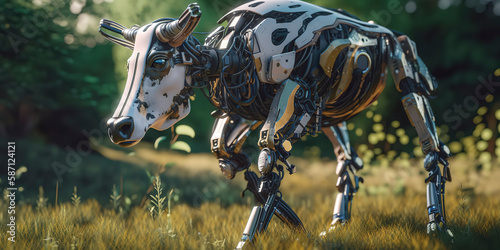 amazing photography of a cyborg cow in the nature, futuristic, robot implants photo