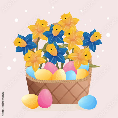 Cute cartoon Easter wicker basket with colorful eggs and yellow and blue daffodils. Happy Easter postcard with elements and flowers