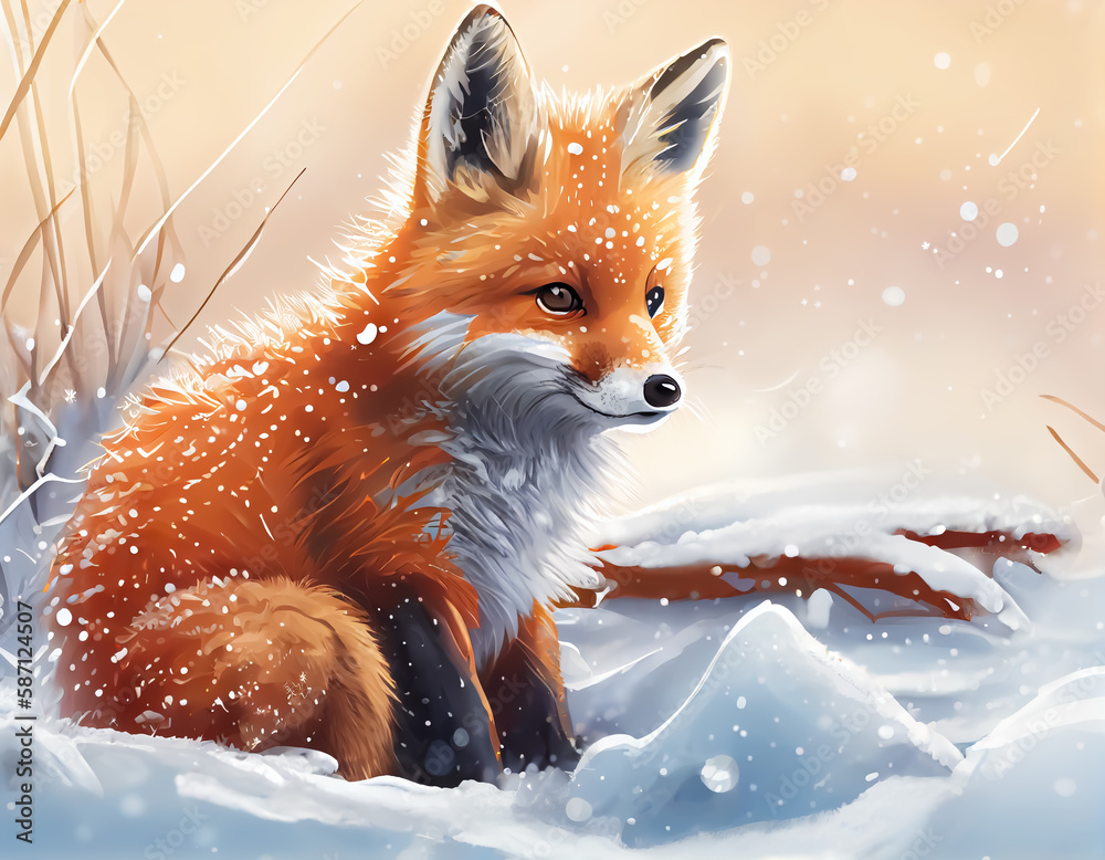 Cute cartoon fox in the forest,Cartoon fox animation fantasy style,Baby fox standing winter season background.Generative Ai