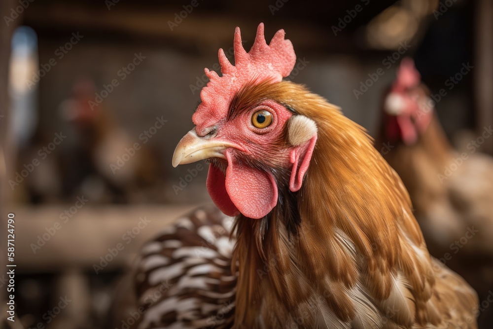 Close up of a hen in a henhouse with others in the background. Generative AI