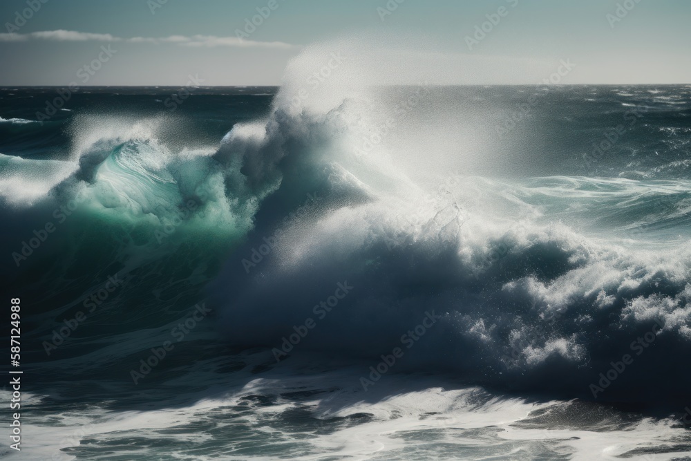 Big wave breaking on the coast. Ocean spray.
