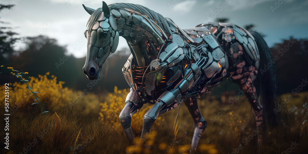 Fototapeta premium amazing photography of a cyborg horse in the nature, futuristic, robot implants