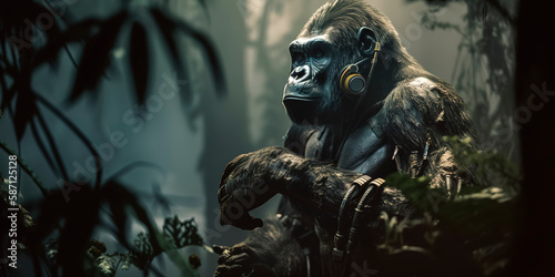 amazing photography of a cyborg gorilla in the jungle, jungle, futuristic, robot implants