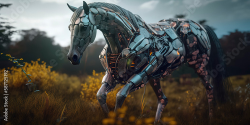 amazing photography of a cyborg horse in the nature, futuristic, robot implants © Fernando